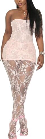 Uni Clau Lace 2 Piece Set for Women Sexy Off Shoulder Tube Top Dress See Through Tights Leggings Sets Jumpsuit Club Outfits in Saudi Arabia