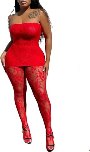 Uni Clau Lace 2 Piece Set for Women Sexy Off Shoulder Tube Top Dress See Through Tights Leggings Sets Jumpsuit Club Outfits in Saudi Arabia
