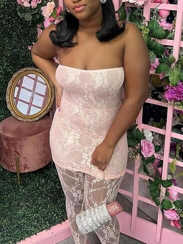 Uni Clau Lace 2 Piece Set for Women Sexy Off Shoulder Tube Top Dress See Through Tights Leggings Sets Jumpsuit Club Outfits in Saudi Arabia