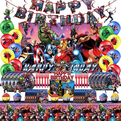 Superhero Birthday Party Supplies, Superhero Theme Decorations & Tableware Set,Include Banner,Hanging Swirl,Superhero Backdrop,Balloons,Plates,Napkins,Fork,and More,Child Party Favors for Boys Kids in Saudi Arabia