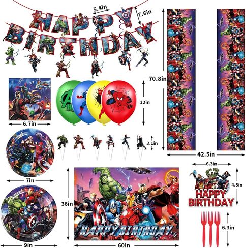 Superhero Birthday Party Supplies, Superhero Theme Decorations & Tableware Set,Include Banner,Hanging Swirl,Superhero Backdrop,Balloons,Plates,Napkins,Fork,and More,Child Party Favors for Boys Kids in Saudi Arabia