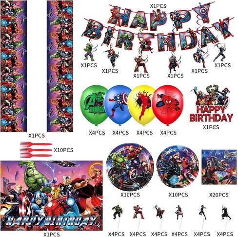 Superhero Birthday Party Supplies, Superhero Theme Decorations & Tableware Set,Include Banner,Hanging Swirl,Superhero Backdrop,Balloons,Plates,Napkins,Fork,and More,Child Party Favors for Boys Kids in Saudi Arabia