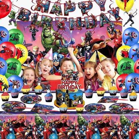 Superhero Birthday Party Supplies, Superhero Theme Decorations & Tableware Set,Include Banner,Hanging Swirl,Superhero Backdrop,Balloons,Plates,Napkins,Fork,and More,Child Party Favors for Boys Kids in Saudi Arabia