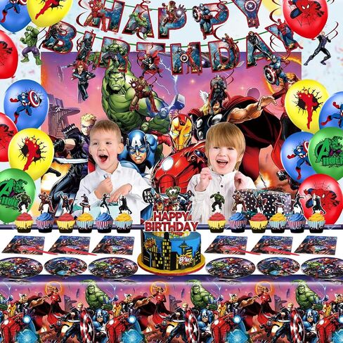 Superhero Birthday Party Supplies, Superhero Theme Decorations & Tableware Set,Include Banner,Hanging Swirl,Superhero Backdrop,Balloons,Plates,Napkins,Fork,and More,Child Party Favors for Boys Kids in Saudi Arabia