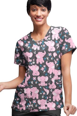 Women's Jungle Party Print Scrub Top (XS-3X) – 3 Pocket Criss Cross Medical Uniform in Saudi Arabia