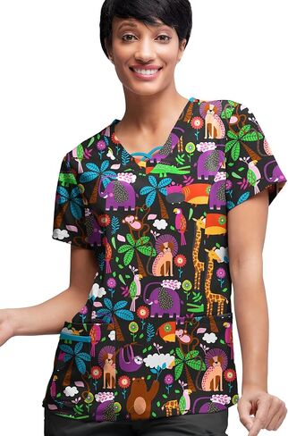 Women's Jungle Party Print Scrub Top (XS-3X) – 3 Pocket Criss Cross Medical Uniform in Saudi Arabia