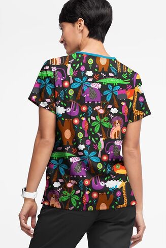 Women's Jungle Party Print Scrub Top (XS-3X) – 3 Pocket Criss Cross Medical Uniform in Saudi Arabia