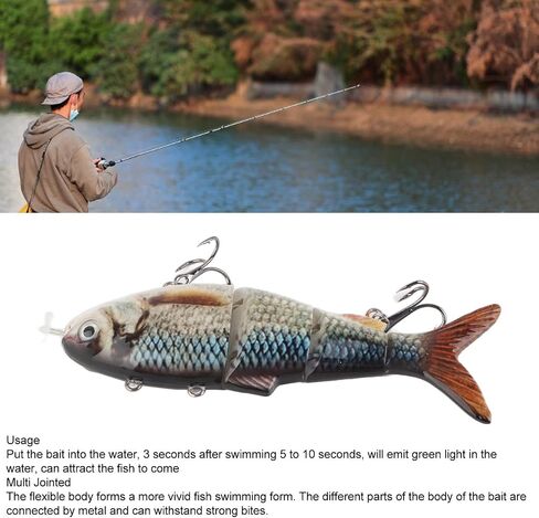 Fishing Lure Robotic Swimming Lure Topwater Lures, Rechargeable Electric Fishing Lure with Green LED Light Multi Jointed, Swimbaits Hard Lures Fishing Tackle Sturdy ABS Material in Saudi Arabia