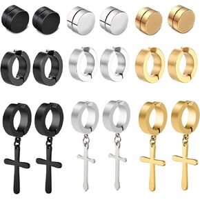 Stainless Steel Earrings for Men,9 Pairs Black Gold Cross Dangle Earrings, Fake Earrings for Men Studs,Clip On Earrings for Men Boy,Non Pierced Earrings Set for Men