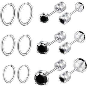 6 Pairs Hypoallergenic Stud Earrings Set for Women Men,Titanium Flat Back 5A Cubic Zirconia Double Side Earrings Surgical Stainless Steel Huggie Hoop Multiple Piercing Cartilage Sleep Studs Jewelry