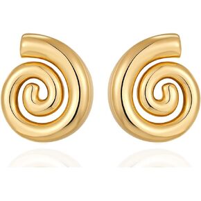 Spiral Statement Stud Earrings for Women, Chunky Gold Trendy Seashell Earring 18k Gold Plated Rotating Pattern Thread Fashion Boho Jewelry for Girls Teens Gifts