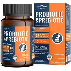 100 Billion Probiotics for Men and Women 27 Strains 5 Organic Prebiotics for Gut Digestive & Immune Health, Supports Diarrhea Gas Bloating, Vegan Probiotic Supplement Formula丨60 Caps