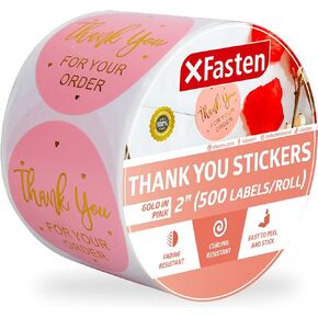 XFasten Pink Thank You Stickers Roll for Small Business, 500 2-inch Round Thank You Sticker Tags, Microwave-Safe Thank You Sticker Label Bulk for Packaging, Shipping, Shopping Bags and Envelopes