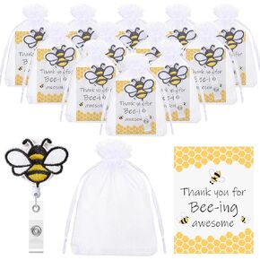 Lincia Employee Appreciation Gift Bee Badge Reel Retractable Badge Holders Clips Inspirational Cards Organza Bag Bee Party Favors Staff Thank You Gift Back to School Gifts for Teachers(12 Set)