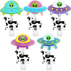 5 Pcs Alien Badge Reels Retractable Glitter UFO Cow Badge Reel Holder with ID Clip Funny Cute Gifts for Nurse Medical Assistant