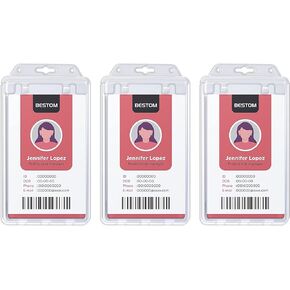 Clear Rigid Plastic Permanent Locking ID Card Holders – Vertical Secure Dual Sided Work Badge Holder Fits Two Standard 30mil ID Badges or One Proximity/Prox Card – Pack of 50