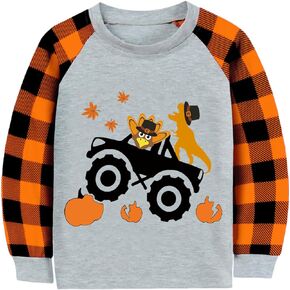 Toddler Boy Thanksgiving Shirt Pumpkin Monster Truck Dino Turkey Orange Plaid Long Sleeve Tshirt Tops 2-7 Years