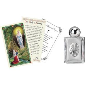 Empty Our Lady of Lourdes Holy Water Bottle - Our Lady of Lourdes Prayer Card, The Lord's Prayer - 3.4 Inch Glass Lourdes Bottle - Blessed Lourdes Holy Water Container - 3 Item Set, Water Not Included