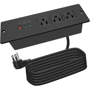 قطاع طاقة مجوف USB C 65 وات، مخرج طاقة مكتبي مثبت على السطح 3 منافذ 3 USB (PD 65W & QC60W،) سلك طاقة عالي التحمل بطول 6.56 قدم مع قابس مسطح وشحن سريع مدمج في محطة طاقة سطح المكتب للأثاث باللون الأسود