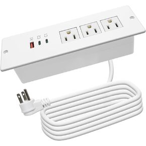 Recessed Power Strip USB C 65W,Flush Mount Desk Power Outlet 3 Outlets 3 USB (PD 65W& QC60W,)6.0 ft Heavy Duty Power Cord with Flat Plug Fast Charge Built in Desktop Power Station for Furniture Black
