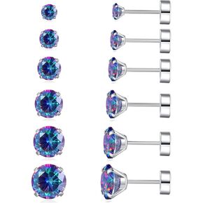 6 Pairs Cubic Zirconia Hypoallergenic Stud Earrings Sets for Multiple Piercing Lightweight Small Huggie Hoop Earrings CZ Stud Earrings for Women Men Trendy Cartilage Helix Earrings