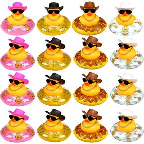 Set of 12 Cowboy Rubber Duck Mini Rubber Duckies with Mini Cowboy Hat Swim Circle Necklace Sunglasses for Bathtub Toys Car Dashboard Decoration Accessories Baby Shower Birthday Swimming Party Favor