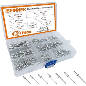 ISPINNER 150 قطعة 7 مقاسات من المسامير العمياء المصنوعة من الألومنيوم، مجموعة متنوعة من المسامير البوب ​​3/32 بوصة، 1/8 بوصة، 5/32 بوصة (فضي) in Kuwait