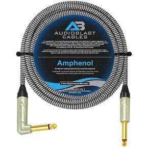 20 Foot - Audioblast HQ-1-BRAID (Black+White) – Flexible, Shielded - Guitar Bass Instrument Cable w/Amphenol Q-Series Angled & Straight Gold TS Plugs