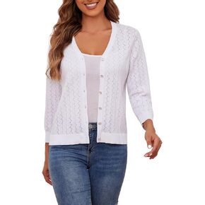Cotton Cardigan Sweaters for Women Lightweight: 3/4 Sleeve Knit Cardigans Hollow-Out V Neck Cardigan Button up Cardigan
