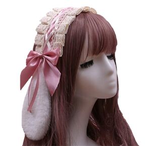 Furry Bunny Rabbit Ears Clips Bowknot Lolita Maid Lace Headband Accessory (Light Pink)