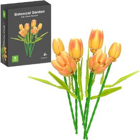 Flower Bouquet Building Toy Set Tulips Artificial Flowers, Plant Botanical Building Blocks for Adults Home Office Decor Compatible with Lego Pink Color