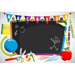 Leyiyi 5x3ft Welcome to Kindergarten Backdrop Cartoon ABC Letters Black Blackboard Watercolor Pen Paper Airplane Globe Back to School Themed Party Backdrops Banner Polyester Photography Background