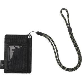 Slim Wallet Minimalist Front Pocket RFID Blocking Wallets for Men and Women, with Clear ID Window and Neck Lanyard (1680D Nylon-Black)
