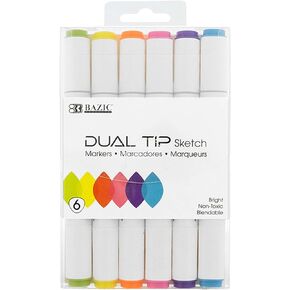 BAZIC Alcohol Markers Brush, Double Tipped 6 Neon Color Art Marker Set for Artist Adults Coloring Illustration - Brush Chisel Dual Tips (6/Pack), 1-Pack
