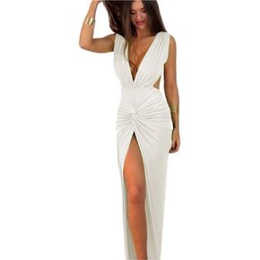 JUMISEE Women's Sexy Plunging V Neck Maxi Dress Elegant Ruched Twist Knot Bodycon High Slit Backless Cocktail Party Dress