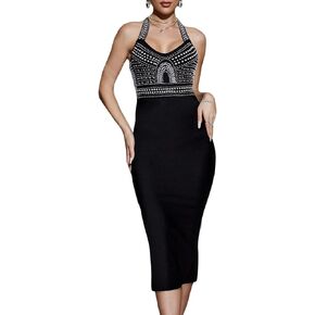 Madam Uniq Women's Halter Bandage Dress Beaded Midi Wedding Guest Dresses Cocktail Party Bodycon Club Formal Gown