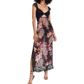 Women Floral Lace Patchwork Maxi Dress Backless Spaghetti Strap Cutout Tight Long Dress High Split Sling Dress
