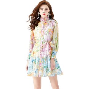 LAI MENG FIVE CATS Women's Long Puff Sleeve Button Up Floral Print Casual Mini Dress