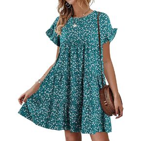 Imysty Womens Boho Floral Printed Babydoll Ruffles Casual Loose Short Mini T-Shirt Dress