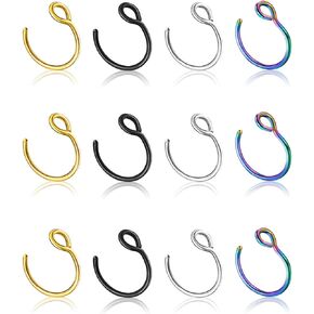 12Pcs 20G Fake Nose Rings Fake Septum Nose Ring Hoop for Faux Lip Septum Nose Ring Set Stainless Nose Hoop for Women Men