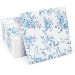 100 Pack Blue Floral Cocktail Napkins, Guest Hand Towels Disposable for Bathroom, Blue Floral Paper Napkins for Bridal and Baby Shower, Tea Party, Garden Party, Birthday Party | 5" Fancy Paper Napkins