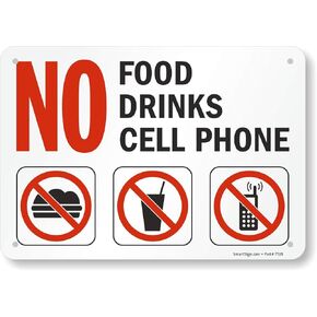 SmartSign - S-4892-PL-10 "No Food, Drinks, Cell Phone" Sign | 7" x 10" Plastic Black/Red on White