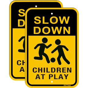 Slow Down Sign Children at Play Sign 2-Pack, 18" x 12" Kids Playing Aluminum Safety Caution Signs, Children Sign for Street, Lawn Neighborhoods