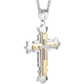 Cross Pendant for Car Rear View Mirror Decor Hanging Ornament Stainless Steel Byzantine Cross Necklace Amulet Jewelry Men Boys Christian Gift, Gold