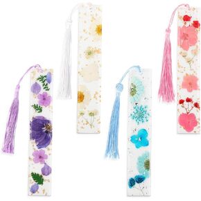 4 Pcs Dried Flower Bookmarks Transparent Resin Page Marker with Tassel Book Accessories Gift for Reading Lover Teacher Students
