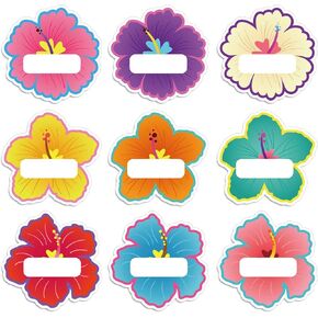 Whaline 90Pcs Hibiscus Flower Name Tag Stickers Colorful Floral Blank Nameplate Stickers 9 Style Assorted Self-Adhesive Name Label Decals for Summer Students Desk Classroom School Office