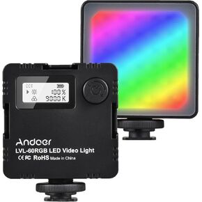 Andoer GB Video Lights, LED Camera Light LVL-60RGB Mini Bi-Color LED Video Light 2500K-9000K Dimmable Built-in Rechargeable Battery with 3 Cold Shoe Mounts LCD Display Vlog Fill Light for DSLR Camera