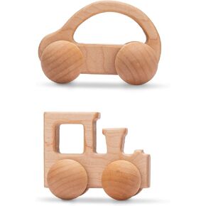 Promise Babe Organic Wooden Baby Push Toys Fine Motor Development Sensory Skills Toy Montessori Grasping Toy 2pc Wood Car Rattles
