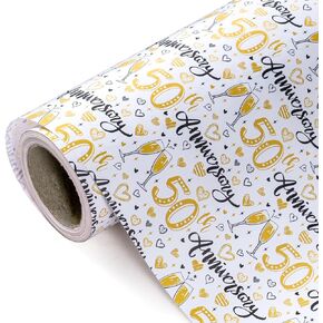 WRAPAHOLIC 50th Anniversary Wrapping Paper - Mini Roll - 17 Inch X 33 Feet - Gold 50th Anniversary Design for Birthday, Party, Holiday