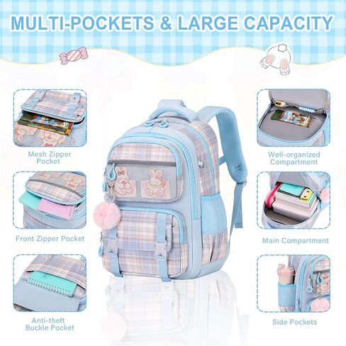 Bevalsa School Backpack for Girls, Backpack with Lunch Box Kids Girls, Cute Bookbag for Girls Kids Teens Elementary Middle High School College Student Casual Travel Daypack Children Schoolbag (Blue) in Saudi Arabia